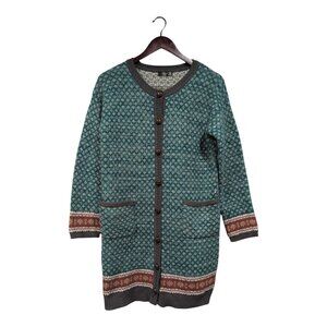 MAK B Women's Long-Lined Cardigan Sweater Button-Down Wool Blend Teal Sz S/M